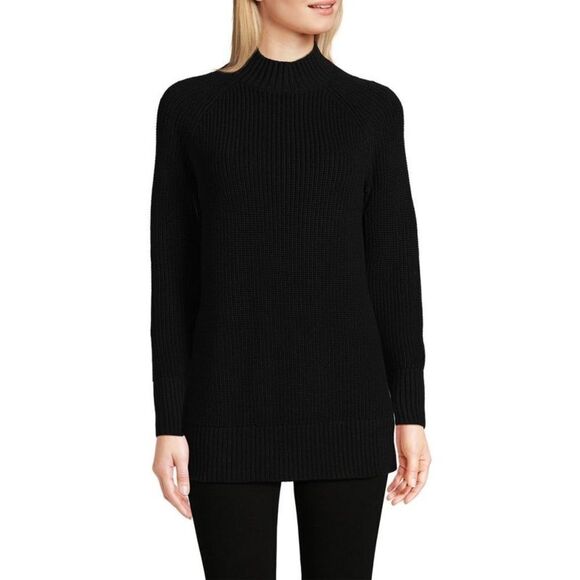 Land's End Sweater Drifter Cotton Mock Turtleneck Tunic Length Loose Fit Black M - Picture 1 of 9
